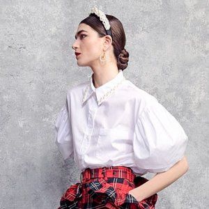 *BEAUTY* NWT SIMONE ROCHA X H&M Puffed Sleeve Blouse with Pearl Trim Collar M